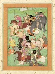 Batalla entre las fuerzas de Irán y Turán, ilustración del Shahnama, Gran Álbum Clive, mediados del siglo XVII